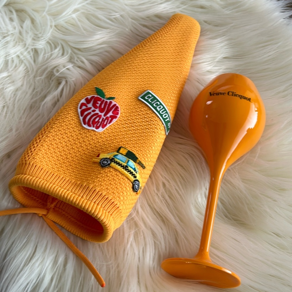 Limited Edition Veuve Clicquot Yellow Label Champagne patched cozy& goblet